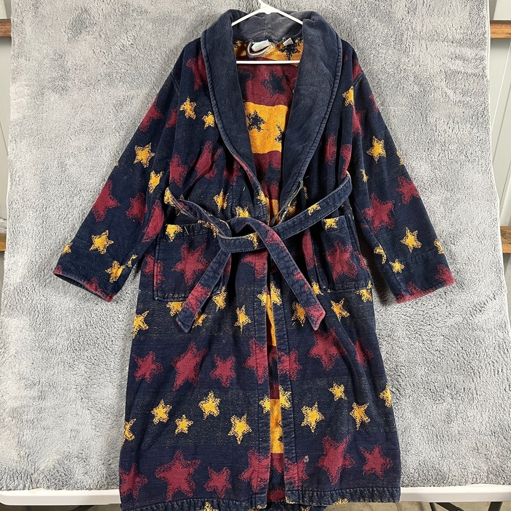 Vintage TJ Lawford Robe Unisex Medium Blue Red Shawl Collar Star Print Tie Waist